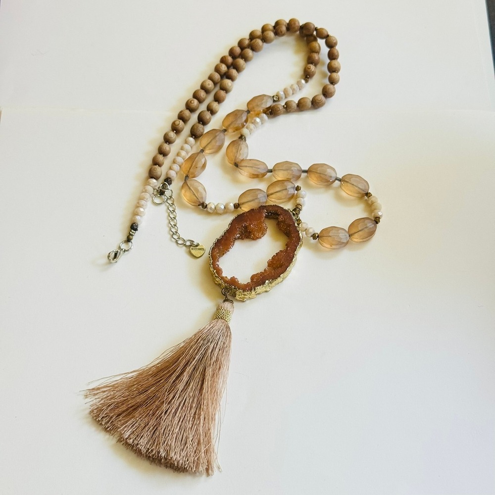 Nakamol tassel Necklace Druzy Quartz beads long BOHO Designer earthy rare 34"L